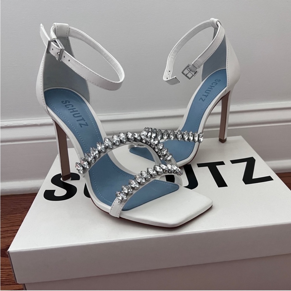 SCHUTZ White Rhinestone Embellished Heels